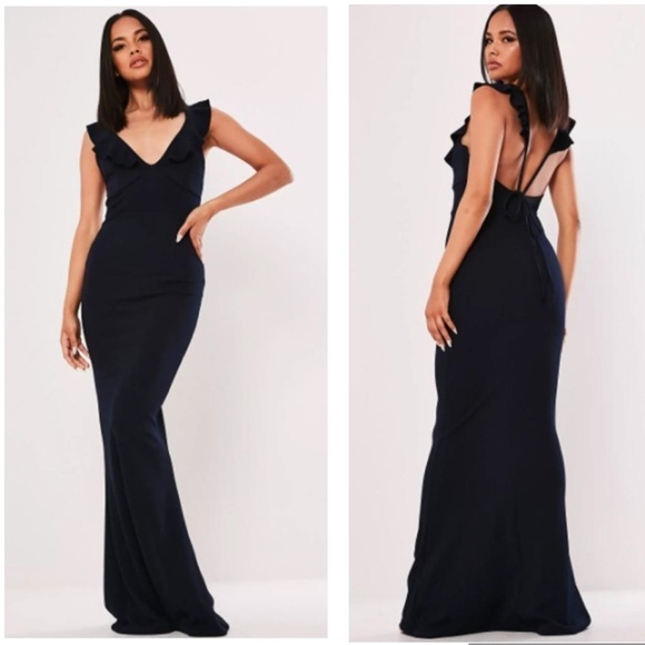 Misguided Navy Blue Ruffle Open Back Maxi Dress Prom Gala Black Tie Gown - Picture 1 of 9